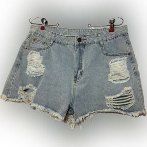 Distressed & Ripped Light Blue Denim Shorts with Frayed Hem